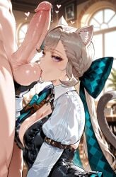 ai_generated blowjob busty catgirl cock_worship curvy curvy_figure fellatio genshin_impact hoyoverse huge_breasts kissing_balls licking_balls lynette_(genshin_impact) saliva sucking_balls sucking_penis