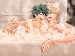 2boys abs bakudeku bakugou_katsuki bath bathing bathing_together bathtub blonde_hair boku_no_hero_academia bones_(company) bubble curly_hair freckles green_hair indoors izuku_midoriya katsuki_bakugou messy_hair midoriya_izuku mort1713 my_hero_academia nude pectorals scar shounen_jump smile spiked_hair yaoi