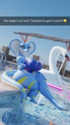 3d_(artwork) anthro ass big_breasts big_butt blender_(artwork) blender_cycles blue_body breasts claws cobra curvy_figure digital_media_(artwork) female flirting flirting_with_viewer forked_tongue furry furry_female hi_res hourglass_figure huge_breasts huge_thighs lizard markings multicolored_body multicolored_scales pool pool_float pool_toy poolside reptile scales scalie scalie_female smile smiling_at_viewer snake snake_hood solo splash splashing_water striped_body striped_markings striped_tail stripes sunny szarla_(xelli) tail tail_markings thick_thighs toe_claws tongue tongue_out ventral_scales water wide_hips xelli yellow_eyes