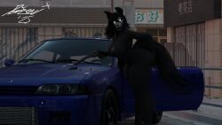 16:9 2025 anthro black_body black_hair black_tail blender_(artwork) blue_car breasts bullet car city city_background digital_media_(artwork) domizoni female glowing glowing_eyes gun hair hand_on_butt handgun hi_res holding_gun holding_object holding_ranged_weapon holding_weapon looking_at_viewer magazine mal0 nude nude_anthro nude_female open_mouth pistol ranged_weapon scp-1471-a scp_foundation silencer solo tail thick_thighs tongue tongue_out vehicle weapon widescreen
