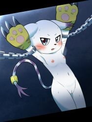 3:4 bandai_namco bodily_fluids bondage bound breasts breath cuff_(restraint) digimon digimon_(species) female gatomon genitals hands_up hi_res koufun looking_at_viewer navel nipples nude pussy restraints shackles small_breasts solo sweat vulva