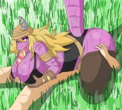 1boy 1girls 69 69_position aeltrix anthro ass balls big_ass big_butt blonde_hair blowjob cass_(simplifypm) clothed cunnilingus facesitting fellatio female furry grin hat horns human interspecies looking_back male male/female outdoors paizuri penis purple_body purple_skin sex smirk straight teeth titjob tongue tongue_out_blowjob tonguejob