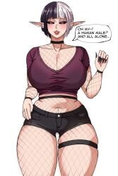1female 1girls belly belly_button big_breasts black_hair black_sclera breasts chubby chubby_female cleavage demon_dog elf elf_ears english_text female fishnet_legwear fishnets goth goth_girl large_breasts large_thighs light-skinned_female light_skin makeup painted_nails pale-skinned_female pale_skin piercing piercings short_hair simple_background smile solo solo_focus speech_bubble standing text text_bubble thick_thighs thighs white_background white_hair wide_hips