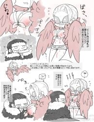 1boy 1girls blush chibi cleavage donquixote_doflamingo embarrassed feathered_wings female genderswap_(mtf) hair_slicked_back harpy kituneduka_710 lactation lactation_through_clothes lactation_without_expressing male monster_girl one_piece rule_63 short_hair short_shorts shorts sir_crocodile spot_color sunglasses tied_shirt unusual_lactation wings