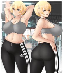 adidas blonde_hair blue_eyes girls'_frontline gym gym_clothes large_ass large_breasts looking_back sports_bra sportswear three_stripes vsk-94_(girls_frontline) xxpulp