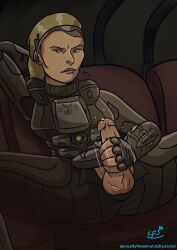 1futa armor balls blonde_hair clothed crueltyfreesmut futa_only halo_(series) halo_3_odst headset looking_at_viewer masturbation penis_out ponytail precum smile stroking_penis tagme veronica_dare wet_penis