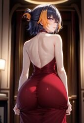 1girls ai_generated ass ass_focus back backless_dress backless_outfit black_hair blush female huge_ass nijisanji nijisanji_en orange_hair petra_gurin pink_eyes red_dress smile virtual_youtuber