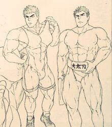 1boy abs bandage bandage_on_face bandage_on_nose bara black_and_white dark_hair full_body fumio(ふみを) fumio_(snnmfmw) fumiyo holding_towel line_art male male_only monochrome multiple_outfits muscles muscular muscular_arms muscular_male muscular_thighs original_character pecs shoes shoes_on short_hair sketch socks socks_on solo solo_male standing thick_eyebrows tight_clothing wrestling wrestling_outfit ふみを