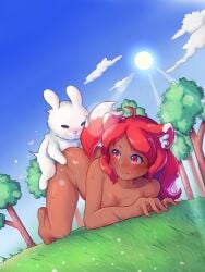 absurd_res ass ass_up blue_sky bodily_fluids breasts breasts_on_ground brown_body brown_skin canid canine doggy_style duo dutch_angle exposed fast female feral feral_penetrating forest from_behind_position genital_fluids hi_res humanoid inner_ear_fluff interspecies kelia3see lagomorph leporid male male/female mammal penetration plant rabbit sex sky submissive submissive_female sweat sweatdrop tail terraria tongue tongue_out tree tuft vaginal_fluids zoologist_(terraria) zoophilia