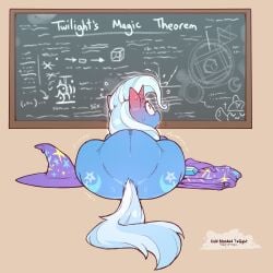 1:1 anus artist_name barely_visible_anus blue_body blue_hair blue_tail blush bodily_fluids chalkboard clothing cold-blooded-twilight cutie_mark dialogue english_text equid equine female feral friendship_is_magic hair hasbro hat headgear headwear hi_res horn long_hair mammal motion_lines my_little_pony mythological_creature mythological_equine mythology robe solo sweat tail text trixie_(mlp) unicorn unicorn_horn witch_hat