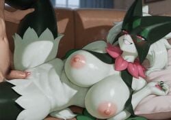 ai_generated anthro blush breasts clitoris duo female fur furniture generation_9_pokemon genitals green_body green_fur green_hair hair hi_res holding_leg human inside lying male male/female mammal meowscarada nintendo nipples on_back pale_skin penetration penis pillow pink_eyes pink_nose pokemon pokemon_(species) pubes raised_leg sofa tail vaginal_penetration vaginal_penetration vein window