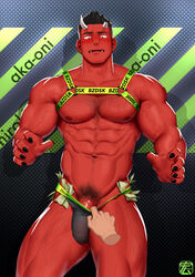 1boy abs absurdres arm_hair assisted_exposure bara black_hair black_nails broken_horn bulge chest_hair chest_harness colored_skin demon_boy demon_horns disembodied_limb embarrassed facial_hair fangs green_eyes hairy harness highres hiroki_bzdsk horns jockstrap large_pectorals leg_hair male_focus male_only male_pubic_hair male_underwear male_underwear_pull mature_male money money_tuck monster_boy muscular muscular_male navel navel_hair nipples oni original pectorals penis penis_peek pubic_hair pulled_by_another red_oni red_pupils red_skin short_hair sideburns solo_focus spiked_hair stomach stubble thick_thighs thighs underwear underwear_only undressing_another