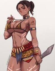 animal_print arm_tattoo armlet body_markings bracelet breasts brown_eyes brown_hair combat_knife dark-skinned_female dark_skin earrings female highres holding holding_knife jewelry knife large_breasts leopard_print luchidart navel ponytail resident_evil resident_evil_5 sheva_alomar short_hair solo tattoo tribal weapon