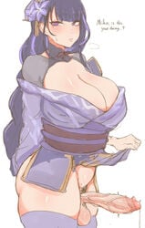 1futa balls big_breasts big_penis bottomless breasts clothed clothing erection futa_only futanari genshin_impact horny huge_balls human light-skinned_futanari light_skin long_hair masso_nullbuilt nipples pale_skin partially_clothed penis precum pubic_hair purple_hair raiden_shogun solo standing thighhighs