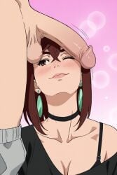 1girls admiring age_difference ai ai_generated ayase_momo big_breasts big_penis black_shirt bra_strap brown_hair busty cheating cheating_female cheating_girlfriend cleavage cute dandadan earrings imminent_oral looking_at_penis loose_clothes messy_hair momo_ayase muscular_male netorare ntr off_shoulder older_male penis_on_face plain_background precum precum_drip thick_penis wink winking younger_female