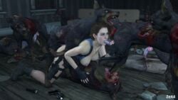 1girls 3d 3d_(artwork) areolae blue_eyes breasts brown_hair canine capcom cerberus_(resident_evil) dog doggy_style double_penetration erect_nipples fellatio female gangbang jill_valentine jill_valentine_(sasha_zotova) light-skinned_female monster multiple_boys nipples oral oral_sex resident_evil resident_evil_3 resident_evil_3_remake short_hair zex4 zombie zombie_dog zoophilia