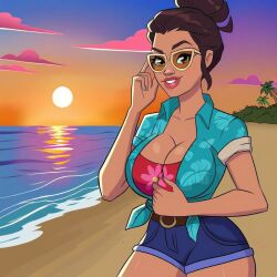 1girls ai_generated arcane beach breasts breasts brown_hair brown_skin cleavage female female female_focus female_only hand_on_breast hand_on_breasts hawaiian_clothes hawaiian_shirt league_of_legends looking_at_viewer ocean sand sea short_hair short_shorts shorts sky_young smile solo solo_female solo_focus sunglasses