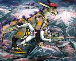 5:4 alien_planet anthro beret canid canine clothing cool. dialogue dominant dominant_feral eyewear feral fox glasses gun hat headgear headwear hi_res mammal raining ranged_weapon rifle size_difference sniper_rifle war weapon wet
