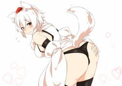 1girls ass ass_focus ass_up bent_over big_ass big_breasts blush clothed embarrassed female hand_on_own_ass houkai_(collapse_illust) light-skinned_female light_skin medium_hair momiji_inubashiri solo standing tagme thighhighs thong touhou white_fur white_hair yellow_eyes