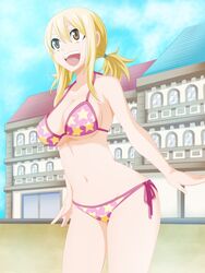 absurdres bikini blonde_hair blue_ribbon breasts cleavage fairy_tail female hair_ribbon highres large_breasts lucy_heartfilia navel open_mouth planeptune ribbon side-tie_bikini sideboob solo swimsuit underboob