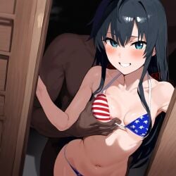 1boy1girl ai_generated american_flag_bikini cheating closing_door cuckold dark-skinned_male female grabbing_another's_breast grabbing_from_behind groping_breasts high_resolution highres imminent_ntr imminent_sex interracial light-skinned_female male my_teen_romantic_comedy_snafu netorare ntr small_breasts smirk smug yukinoshita_yukino