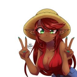 aliciaxlife aliciaxlifevt breasts clothing cosplay dark-skinned_female dark_elf dark_skin elf elf_ears elf_female elf_girl female female_only green_eyes jewelry looking_at_viewer one_piece queen red_hair solo solo_female straw_hat virtual_youtuber vtuber youtuber