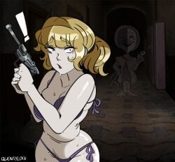 1girls bikini blonde_hair fear_and_hunger fear_and_hunger:_termina female female_focus gun karin_(fear_and_hunger) medium_breasts needles_(fear_and_hunger) nervous pale-skinned_female pale_skin ponytail purple_bikini qwentylock scared solo_focus sweat weapon when_you_see_it wide_hips
