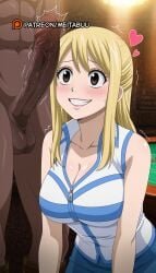 1boy ai_generated balls bare_shoulders blonde_hair blue_skirt blush breasts brown_eyes cleavage clothed_female_nude_male collarbone dark-skinned_male dark_skin erection eyelashes fairy_tail female grin heart indoors interracial large_breasts large_penis long_hair looking_at_penis lucy_heartfilia male meitabuu nude penis penis_awe shirt skirt sleeveless sleeveless_shirt smile solo_focus straight sweat sweatdrop teeth testicles trembling twitching_penis uncensored veins veiny_penis white_shirt wide-eyed zipper zipper_pull_tab