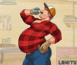 1boy baseball_cap bear_(body_type) beer big_belly brown_hair drinking drinking_beer facial_hair fat_belly flannel flannel_daddy flannel_shirt gloves hairy hairy_chest lokitu male male_only obese obese_male overweight overweight_male solo solo_male story_in_description