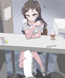 1boy absurdres anger_vein blank_censor brown_eyes brown_hair cellphone censored chair closed_mouth drink erection feet female footjob highres holding holding_phone idolmaster idolmaster_million_live! indoors kitazawa_shiho long_hair looking_down ohgi910 on_chair pen penis phone pov pov_crotch shirt shoes short_sleeves single_bare_foot single_shoe sitting smartphone straight striped_clothes striped_shirt table toenails toes