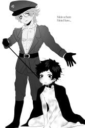 2boys age_difference bishonen bruise bruised bruises chibi collar eriurias73 fear_and_hunger fear_and_hunger:_termina full_body gay german_text jacket_on_shoulders leash leash_pull levi_(fear_and_hunger) male male_only military_hat military_uniform monochrome muscular muscular_male nude nude_male pavel_yudin petplay sitting soldier thick_eyebrows twink wariza yaoi