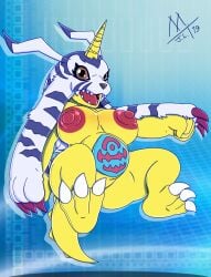 2019 3_toes anthro areolae bandai_namco big_breasts blue_stripes breasts brown_eyes claws digimon digimon_(species) digital_media_(artwork) eyelashes feet female fur gabumon hi_res horn meatboom monster multicolored_body multicolored_fur nipples pink_areola pink_nipples scalie shortstack signature slightly_chubby solo striped_body striped_fur stripes toe_claws toes two_tone_body two_tone_fur white_body white_fur yellow_body yellow_skin