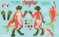 anthro artist_name blue_background bucklucky english_text featureless_crotch fish front_view gore green_body green_hair green_pawpads hair hair_over_eyes hi_res male mammal marine model_sheet mustelid nude open_mouth otter pawpads pink_body rear_view red_body salmon salmonid_(fish) simple_background solo standing text tongue tongue_out whiskers