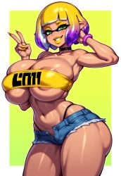 1girls ai_generated areola bare_arms bare_shoulders barely_clothed big_breasts bimbo bimbo_body bimbofication bimbofied bracelet breasts choker cleavage clothes_writing colored_nails colored_skin colored_tips dark-skinned_female dark_skin eyeshadow female gradient_hair green_eyes grin hand_in_hair hands_up huge_ass huge_breasts inkling inkling_girl lipstick long_nails looking_at_viewer makeup massive_breasts micro_shorts midriff multicolored_hair navel novelai peace_sign purple_hair seductive seductive_eyes seductive_look seductive_smile sexy short_hair shorts simple_background skindentation smile solo solo_female splatoon tgm101_(artist) thick_lips thick_thighs thin_waist thong tube_top tubetop unbuttoned unbuttoned_pants underboob wide_hips yellow_hair