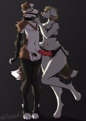 absurd_res anthro arm_warmers armwear blindfold blonde_hair bondage border_collie bound brown_body brown_fur canid canine canis chastity_cage chastity_device clothing collar collie domestic_dog dominant dominant_female eldridge_moran female fur gag genitals hair herding_dog hi_res keesandwich legwear male mammal markings marta_moran nude pastoral_dog sheepdog solo strapon submissive submissive_male thigh_highs white_body white_fur