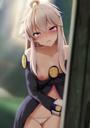 blurry blush breasts cameltoe collarbone depth_of_field eyebrows_visible_through_hair female long_hair nipples nose_blush open_mouth panties purple_eyes small_breasts solo underwear white_panties