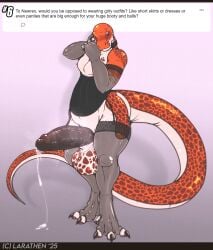 anthro balls big_balls big_penis biped blush bodily_fluids claws countershade_tail countershading dinosaur english_text erection genital_fluids genitals glans hi_res huge_balls huge_cock humanoid_genitalia humanoid_penis larathen larathen_(character) letterbox male penis precum prehistoric_species reptile scalie solo tail text theropod tyrannosaurid tyrannosauroid tyrannosaurus tyrannosaurus_rex vein veiny_penis