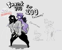 background_characters big_ass big_breasts big_sub_small_top black_hair black_legs celebration cum cum_inside cumflated_belly cumflation duo faceless faceless_character faceless_female grey_background grey_body lactating lactation large_breasts oiled_body oiled_breasts oiled_skin one_eye_visible purple_hair purple_skin raped riding sex_from_behind sketches standing standing_sex tear thought_bubble wide_hips