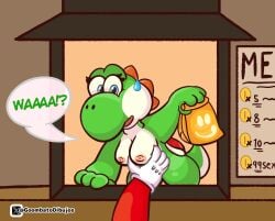 1boy 1girls anthro blue_eyes breasts clothed clothing duo female genitals gloves goombato_dibujos green_body green_yoshi handwear hi_res human male mammal mario mario_(series) mario_kart mario_kart_world nintendo reptile scalie short_tail simple_background solo speech_bubble tail text vulva yoshi