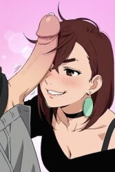 1girls admiring age_difference ai ai_generated ayase_momo big_breasts big_penis black_shirt bra_strap brown_hair busty cheating cheating_female cheating_girlfriend cleavage cute dandadan earrings imminent_oral looking_at_penis loose_clothes messy_hair momo_ayase muscular_male netorare ntr off_shoulder older_male penis_on_face plain_background precum precum_drip thick_penis younger_female