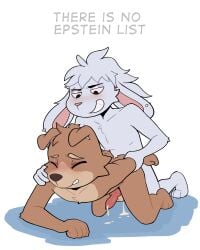 4:5 absurd_res akio_matsuda anal anthro bodily_fluids brown_body brown_fur canid canine canis cum doggy_style domestic_dog duo from_behind_position fur genital_fluids hi_res jeffrey_epstein knot lagomorph male male/male mammal penis piercing propaganda rabbit sex teeth toinkity white_body white_fur