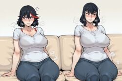 2girls aged_up ai_assisted ai_generated avoiding_eye_contact awkward bangs big_breasts black_hair blue_eyes blue_pants blush bra_strap bra_visible_through_clothes breasts closed_mouth clothed clothing duo female female_only grey_pants grey_shirt hair_between_eyes in_heat indoors inside jimojo kill_la_kill kiryuuin_satsuki lace_trim leaning_to_the_side matoi_ryuuko mature_female medium_hair no_sex on_couch pants pursed_lips red_highlights short_hair short_sleeves siblings side_by_side sisters sitting sitting_on_couch steaming_body sweatdrop t-shirt thick_eyebrows thick_thighs tight_clothing wide_hips