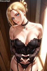 1girls ai_generated annie_leonhardt attack_on_titan black_panties blonde_hair blue_eyes breasts cameltoe choker corset elbow_gloves female female female_only garter_belt garter_straps gloves hair_bun lace-trimmed_bra lace-trimmed_garter_belt lace-trimmed_panties lace-trimmed_thighhighs lingerie lingerie_only looking_at_viewer medium_breasts panties patreon salupai sexy shingeki_no_kyojin solo solo_female standing thighhighs uncensored underwear watermark