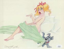 ass blanket blonde_hair canine dean_yeagle embarrassed mandy_(dean_yeagle) naked nude pale_skin pulling_blanket sleeping_naked surprised twintails woken_up