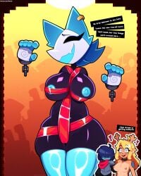 2d armor big_breasts blonde_hair blue_hair brown_fur cat_ears collar cute_fang deltarune eyes_covered female gift_wrapped handcuffs horn kris_(deltarune) long_hair naked nervous_smile nipple_slip noelle_holiday sheerly shocked short_hair tasque_manager_(deltarune) text thick_thighs