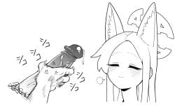1boy anger_vein animal_ear_fluff animal_ears asahina_yoshitoshi blue_archive blush closed_eyes closed_mouth ear_blush erection female fox_ears greyscale halo highres long_hair male male_masturbation masturbation monochrome multi_ear penis precum puff_of_air seia_(blue_archive) simple_background smile solo_focus uncensored white_background