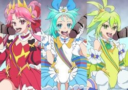 3boys 3girls blowjob clothed_female earrings eyebrows_visible_through_hair female gloves green_eyes hair_ribbon ichijou_nagase light-skinned_female light_blue_eyes light_blue_hair magical_girl oral p0q peace_sign penis pink_hair princess princess-session_orchestra princess_meteor_(princess-session_orchestra) princess_ripple princess_zeal princession_orchestra red_eyes shirube_kagari sorano_minamo takara_tomy