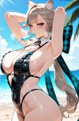 ai_generated beach busty catgirl curvy curvy_figure genshin_impact hoyoverse huge_ass huge_breasts lynette_(genshin_impact) popsicle
