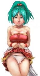 aqua_eyes bare_shoulders breasts cameltoe earrings female hair_bobbles hair_ornament jewelry medium_breasts panties ponytail skirt skirt_lift solo strapless thigh_gap tina_branford underwear white_panties