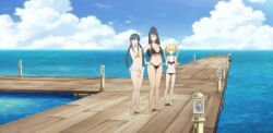 3girls alternate_hairstyle arifureta_shokugyou_de_sekai_saikyou barefoot beach big_breasts bikini black_bikini black_hair blonde_hair blue_bikini breasts brown_eyes busty cleavage closed_eyes feet female hand_on_hip large_breasts long_hair looking_at_viewer low_twintails medium_breasts multiple_girls navel ocean open_mouth pointy_ears pose posing red_eyes smile stitched swimsuit thighs third-party_edit tio_klarus tongue twintails voluptuous yue_(arifureta)